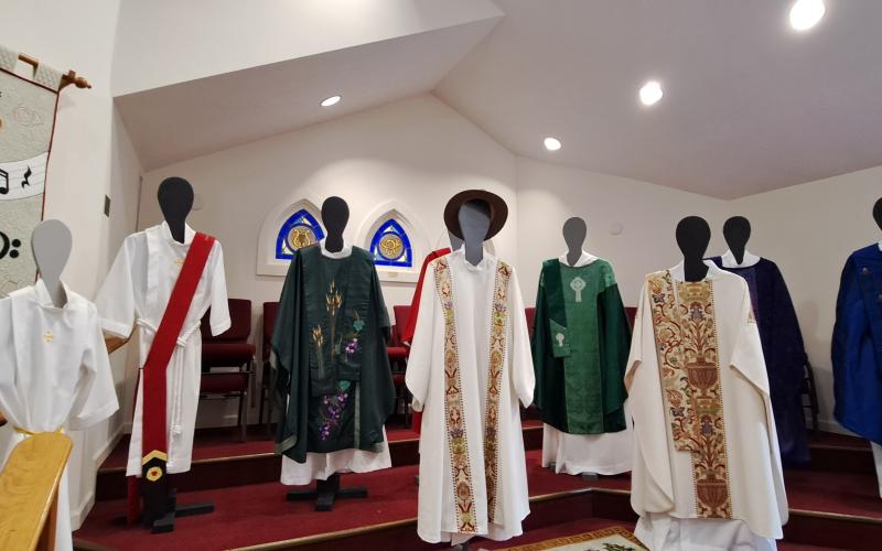 Megan Broome/The Clayton Tribune. The Liturgical Arts of St. James include the vestments and altar hangings used in worship services.