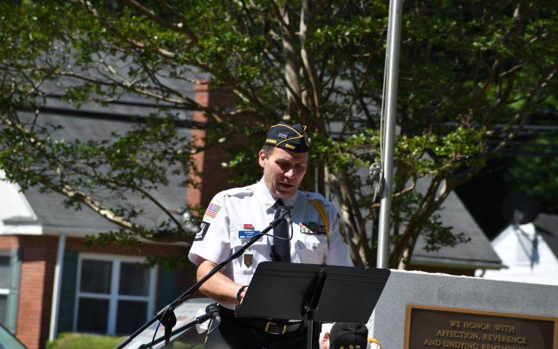 Megan Broome/The Clayton Tribune. Jim Morgan, CDR. DAV. Ch. 15 was the speaker at the Memorial Day Ceremony at the Rabun County Courthouse Monday, May 29.