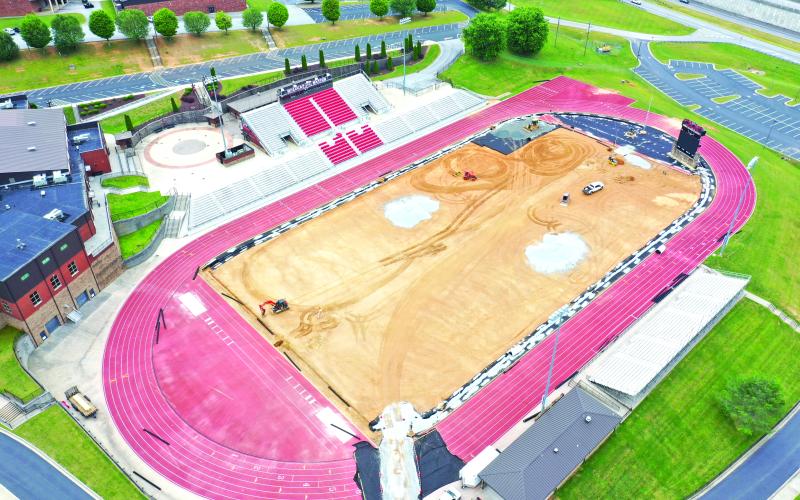 Photo courtesy Jason Hogan. An aerial view of the football field before the gravel was laid. The gravel has been fully laid for about a week now, completed before the rain storms swept through the county.