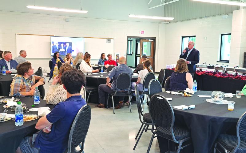 Megan Broome/The Clayton Tribune. Rick Story, Forward Rabun and Rabun County Chamber of Commerce president, makes introductory remarks at the Youth Leadership Program 2023 Graduation Dinner May 22, which highlighted student achievements from Rabun County Schools; Rabun Gap-Nacoochee School and Tallulah Falls School.