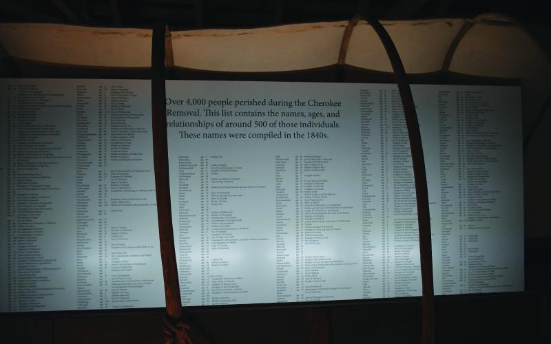 Luke Morey/The Clayton Tribune. The full names inside a wagon of those were on the Trail of Tears.Left: Enoch Autry/The Clayton Tribune. Sisters Anna, 7, and Claire, 4, Miller play inside one of the small Foxfire structures that were built for children.