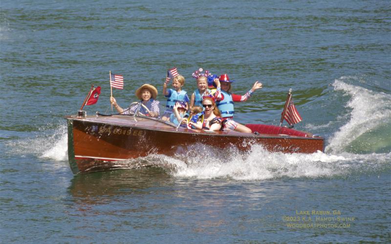 Photo courtesy KA Hamdy-Swink (WoodBoatPhotos.com). Owned by Dr. Helen McSwain, KNOT ON CALL, is a 1950 Chris-Craft, 17-foot Special Runabout.