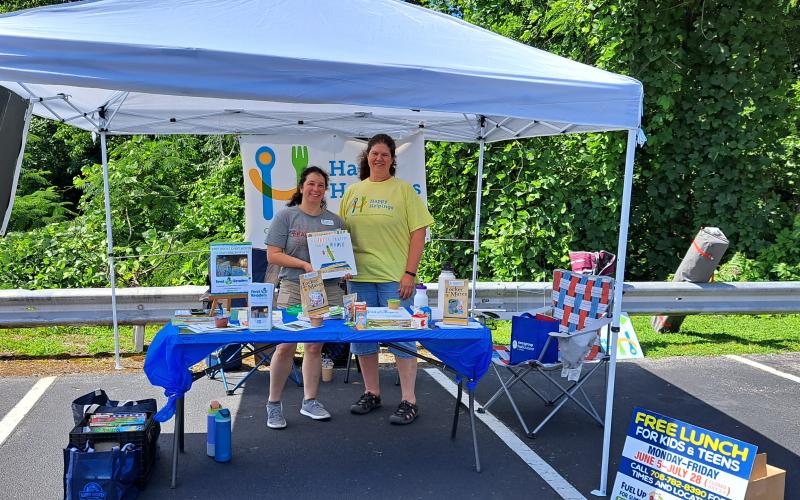 Megan Broome/The Clayton Tribune. Rabun County Public Library Branch Manager and Librarian Dyana Costello Banks, left, and Laura Lane with Rabun County Family Connection converse with community members and hand out important information about Happy Helpings, Georgia’s Summer Food Service Program, during the Diaper Day Resource Fair held at the Rabun County Health Department Saturday, July 8.