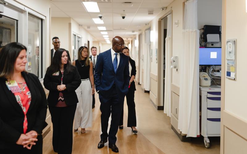 Submitted photo. While Sen. Raphael Warnock visited Northeast Georgia Medical Center in Gainesville on Aug. 8 to discuss the maternal health work Northeast Georgia Health System is doing, he received a tour of the neonatal intensive care unit.
