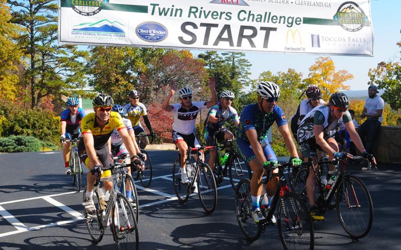 Submitted photo. Riders begin the ride at the front of Tallulah Falls School at the 8th annual Twin Rivers Challenge.
