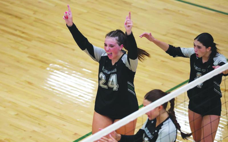 TFS Athletics. Addy McCoy (24) celebrates with TFS teammates in the Lady Indians victory over Athens Christian on Aug. 31. McCoy ranks among the best in the nation for her aces. TFS is now 23-13 and 8-0 in region play.