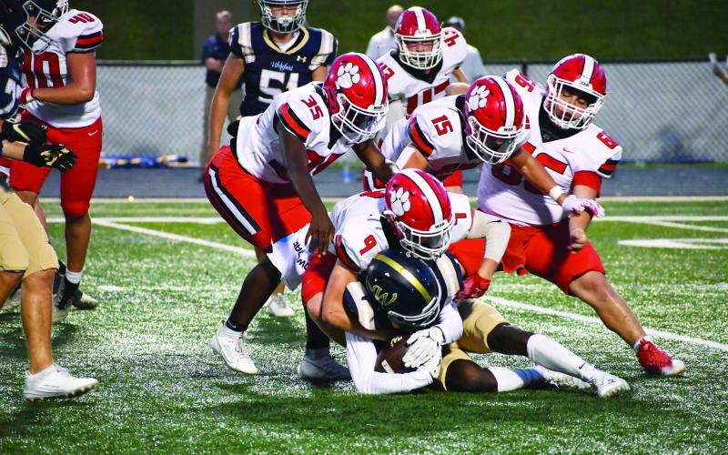 Wade Cheek/The Clayton Tribune. RCHS senior defensive back Jarret Giles heads a tackle-for-loss in the WolfPack backfield last Friday night. Giles also forced an interception and a turnover on downs in the 38-7 victory.