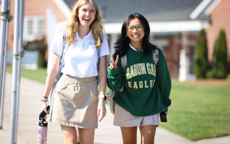 Photo courtesy Rabun Gap-Nacoochee School. Tarynn Graham ’24 of Franklin, NC and Sophia Moore ’24 of  Highlands, NC on the first day of school at Rabun Gap-Nacoochee School. Graham and Moore are part of the largest senior class in school history.