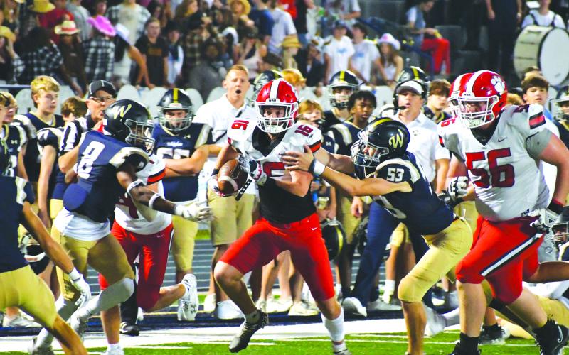 Wade Cheek/The Clayton Tribune. Wildcat sophomore Reid Giles breaks multiple tackles on his way into the end zone for his first of two TD’s in the 38-7 win over Whitefield Academy. Giles totaled almost 200 yards of total offense in the game.