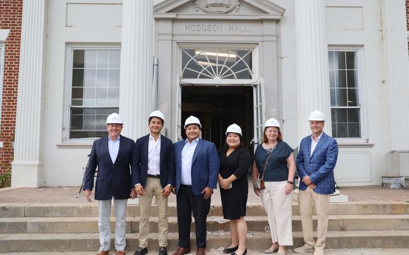 Submitted. Rabun Gap-Nacoochee School continues work on its historic academic building, Hodgson Hall. Pictured are alumni who serve on the Rabun Gap Board of Trustees on the front steps of Hodgson Hall during their fall meeting. From left to right, Steve Gilliam ‘66, Omar Zavala ‘99, Jeff Velestegui ‘99, Grace (Jang) Todd ’12, Kate (Oliver) Maine ‘85, and Jon Barnwell ‘92.