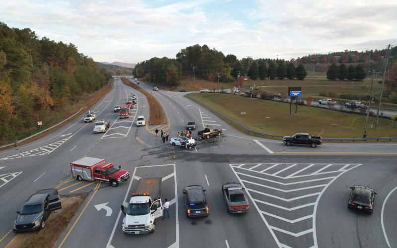 Submitted photo. An aerial view of a two-vehicle crash at Highway 441 south at East Boggs Mountain Road Friday, Oct. 27, where a School Resource Deputy was nearly hit while directing morning school traffic.