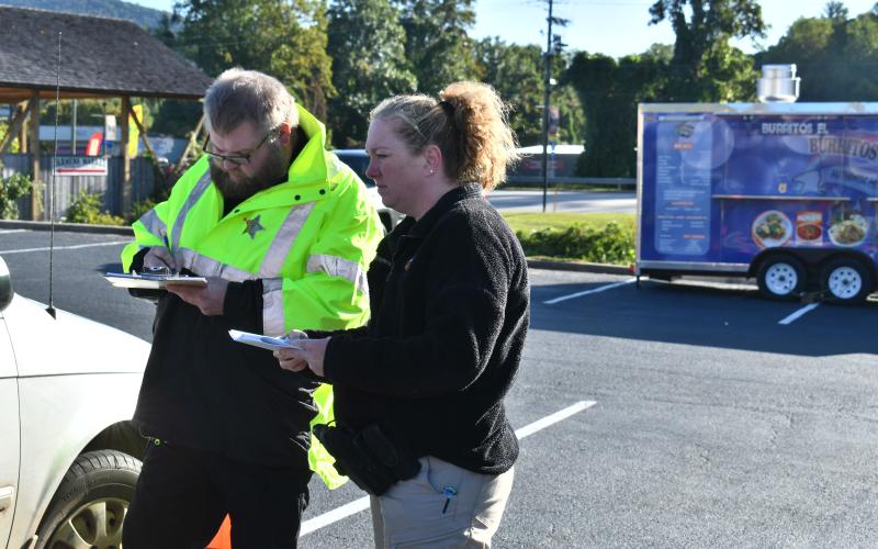 Megan Horn/The Clayton Tribune. Clayton Police Officer Andy Beck and SRO Lisa Thompson perform Car Seat Safety Checks as Car Seat Safety Technicians during the Faith and Blue event Oct. 7.