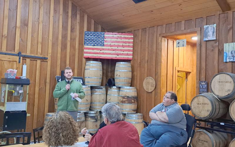 Megan Horn/The Clayton Tribune. Georgia State District 50 Sen. Bo Hatchett speaks to the Rabun County Republican Party and members of the community at Moonrise Distillery during a Town Hall meeting Monday, Nov. 13.