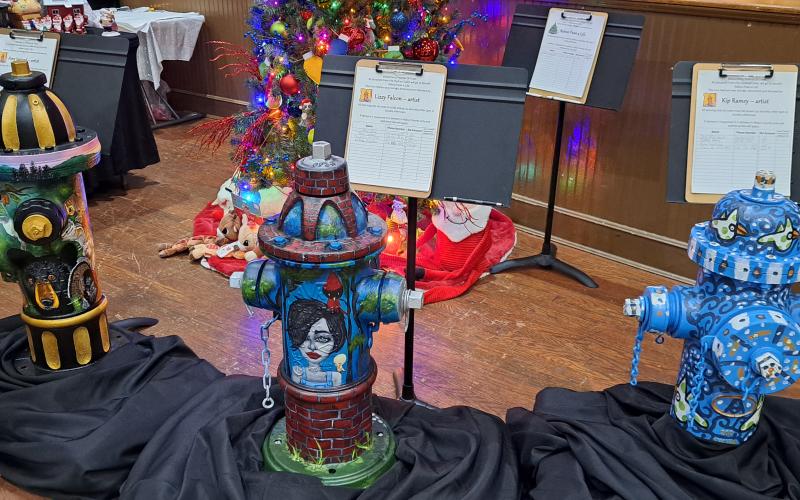 Megan Horn/The Clayton Tribune. These fire hydrants were decorated by local artists Amy Jarrard, Lizzy Falcon and Kip Ramey and auctioned off during this year’s  Holiday Market and Festival of Trees. The event raised $10,573 for Rabun Paws 4 Life.