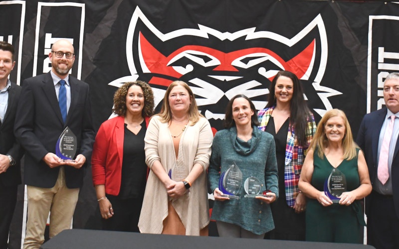 Megan Horn/The Clayton Tribune. Pictured are RCHS Principal Justin Spillers, left; RCHS Teacher of the Year Bryan Getty; RCMS Principal Kechara Partin; RCMS Teacher of the Year Lisa Mooney; RCPS and System Teacher of the Year Jenna Hinkel; RCPS Principal Carla Truelove; RCES Teacher of the Year Jessica Streetman; and RCES Principal Jonathan Welch.