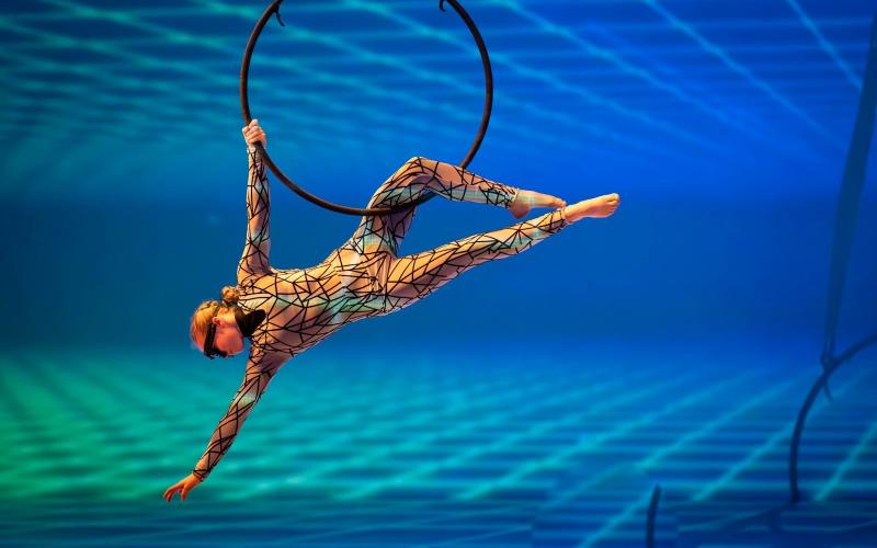Photography submitted. Abigail Brenner ’26 of Franklin, N.C., performs on the lyra in “Cirque Synthetica” at Rabun Gap-Nacoochee.