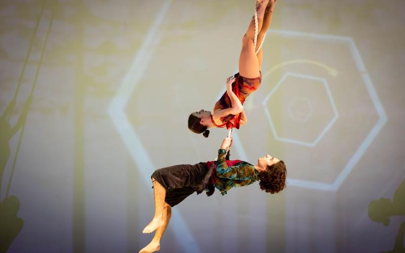 Photography submitted. Anni Geren ’24 of Dillard and Cyrus Manoogian ’24 of Rabun Gap perform on the trapeze.