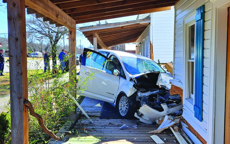 Megan Horn/The Clayton Tribune. A female driver reportedly exited the roadway in Tiger when she had a “medical episode.” The vehicle struck multiple buildings near the Tiger Connector intersection.