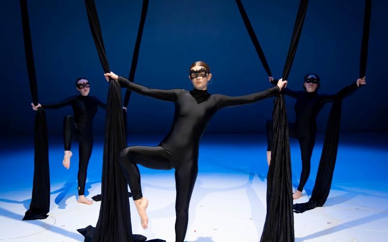 Photography submitted. Aerialists MaKenna Bilbery ’26 of Otto, N.C., Jasmine Abranyi ’27 of Highlands, N.C., and Ivanna Zermeno ’26 of Santiago, Mexico, in Rabun Gap-Nacoochee School’s production of “Cirque Synthetica.”