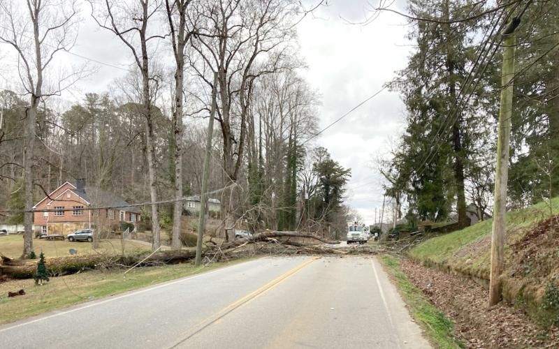 Photo courtesy of Clayton Police Department Assistant Chief John Grist. A downed tree blocked the roadway at  Old Highway 441 South at Dunlap Street for more than four hours on Friday, Dec. 29, 2023.