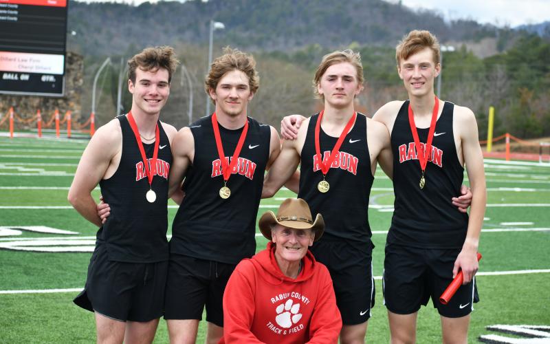 Wade Cheek/The Clayton Tribune. The Rabun County High School boys 4x800 meter relay team of Hayden Smith, Wyatt Word, Harry Word and G.B. Anderson smashed the previous school record by just under seven seconds with a time of 8:45.99.