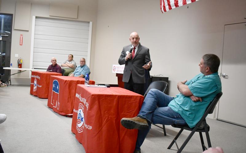 Megan Horn/The Clayton Tribune. Rabun County Board of Commissioner candidates Post 2 Faron Welch, far left; Post 2 incumbent Tom Garrison; Post 1 Roger Glenn and Post 1 incumbent Will Nichols had the opportunity to respond to questions during a public forum on April 11. Over 100 people attended the event, which was held at the Food Bank of Northeast Georgia Community Room and was co-hosted by Rabun County Republicans and The Clayton Tribune.