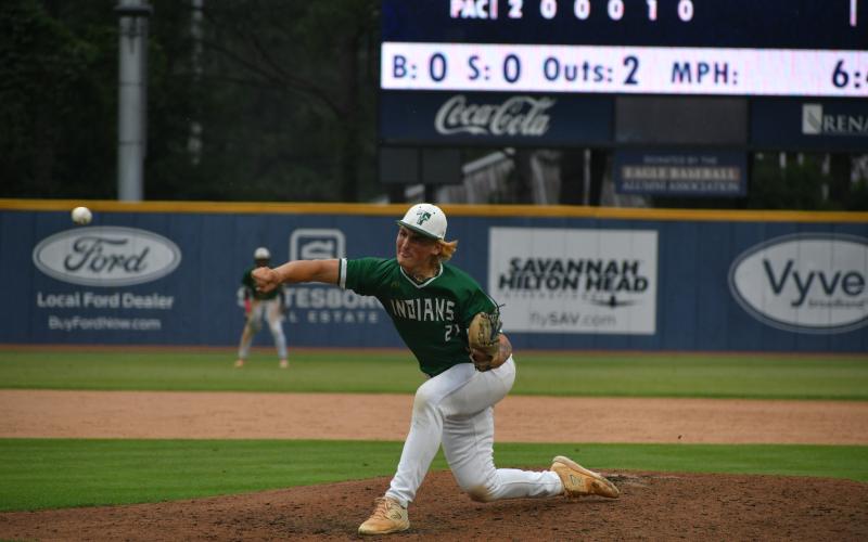 Wade Cheek/The Clayton Tribune. Junior pitcher Cole Bonitatibus slings a pitch during Game One of this year’s Georgia Class A D-I state baseball championship.