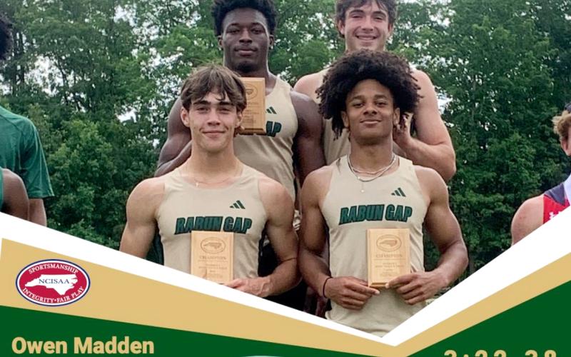 RGNS. RGNS track runners (front left) Peter Pedall, Yussif Kadri, (back left to right) Khory Moss and Owen Madden reached the top of the podium after winning the 4x400 meter relay event at this year’s NCISAA Division I state championship meet.