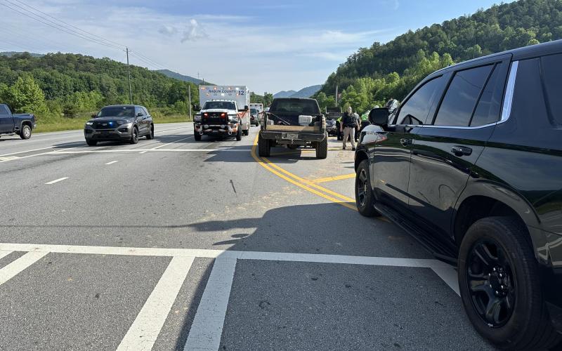 Photo from Rabun County Sheriff’s Office Facebook page. A crash involving a Dodge Charger and two motorcycles on Wednesday, May 22 on Ga. 15 at the intersection of the Clayton Walmart resulted in a suspected serious injury. Traffic used alternative routes as there was road blockage for about two hours due to the collision.