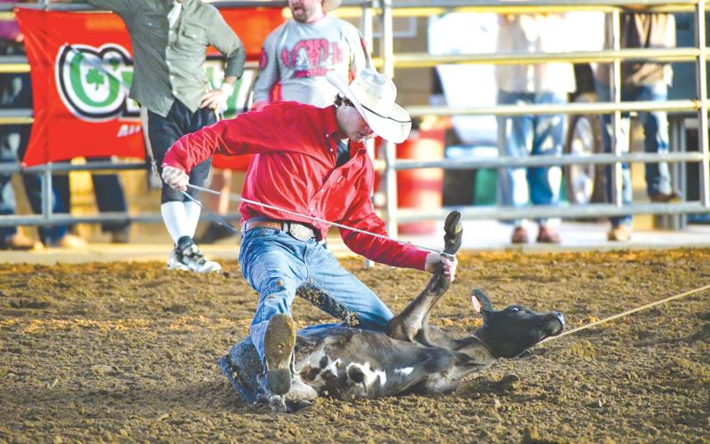 Wade Cheek/The Clayton Tribune. Cynch Whitesell cinches the rope tight to finish his successful round in the calf roping event during Day 1 of the Bar W Rodeo at Rabun Arena on Friday, July 5.