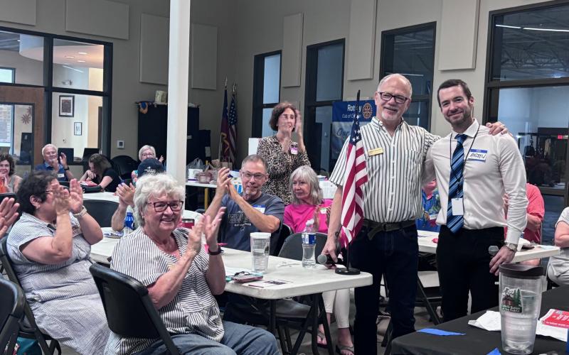 Submitted photo. Don Martin, Rabun Democrats Chair (left), welcomes Andrew Ferguson to the July 8 Rabun County Democrats monthly meeting at the Food Bank of Northeast Georgia.