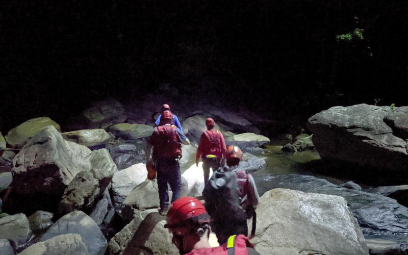Submitted photos/Tallulah Gorge State Park. A drone overhead of rescue crew members has a spotlight lighting the floor of Tallulah Gorge so rescuers can cross the river on a call to rescue two subjects Thursday, June 20, around 9:36 p.m.