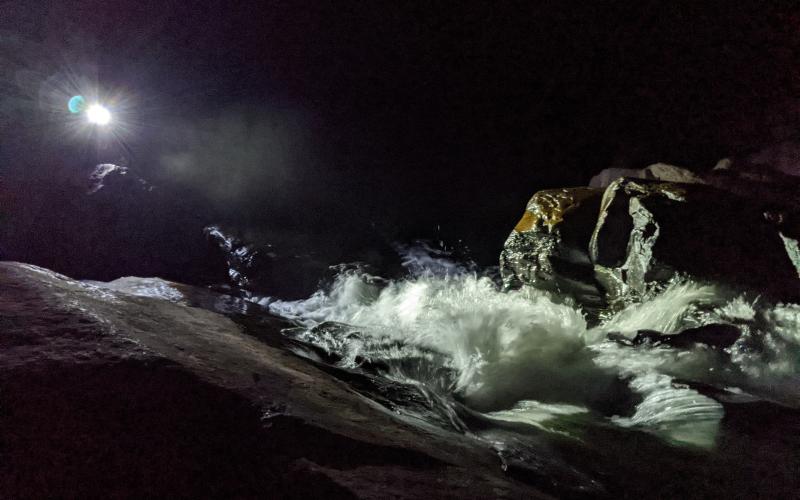 Submitted photos/Tallulah Gorge State Park. A drone overhead of rescue crew members has a spotlight lighting the floor of Tallulah Gorge so rescuers can cross the river on a call to rescue two subjects Thursday, June 20, around 9:36 p.m.