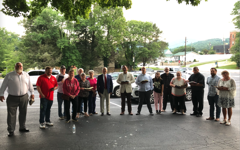 Submitted photo. Several community members in Rabun County participated in the 6th annual Statewide Bible Reading on July 14 at 7:14 a.m. at the Rabun County Courthouse. Below: Submitted photo. Pastors Adam Wright, Jr. and David Port with Church of the Mountains along with community members read scripture on July 14 as part of the 6th annual Statewide Bible Reading.