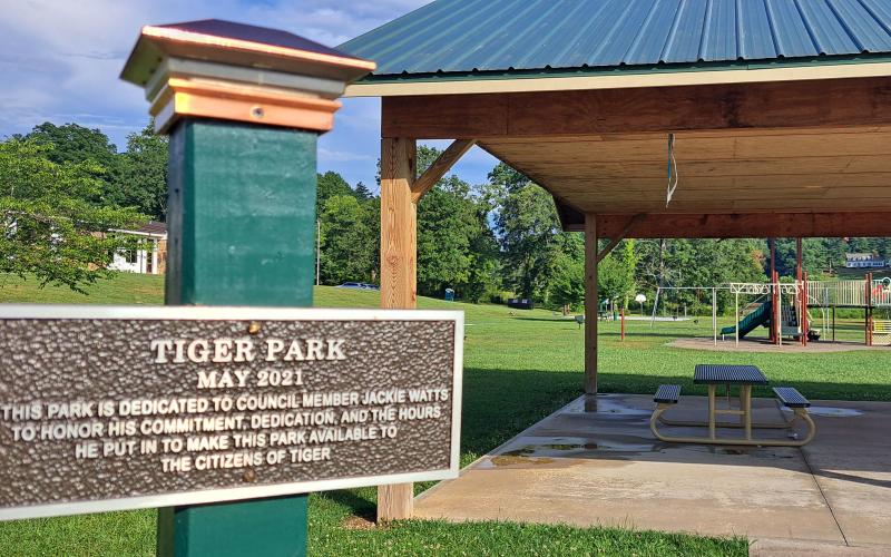 Megan Horn/The Clayton Tribune. Because of his commitment to the Town of Tiger, Tiger Park was dedicated to Jackie Watts in May 2021 and a plaque is displayed at the park in his honor.