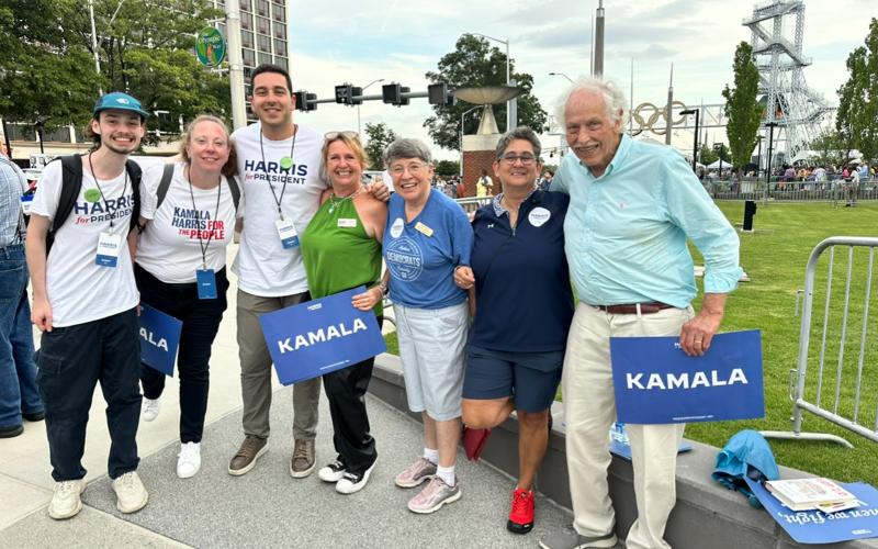 Submitted photo. Rabun County residents Maria Loveless of Lakemont, Dee Daley of Clayton, Kim Spears of Clayton and Dr. Bob Hatcher of Tiger pose with staff members on Team Harris during the July 29 presidential political rally for Vice President Kamala Harris.