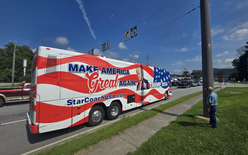 Enoch Autry/The Clayton Tribune. The Trump Bus came to Rabun County on Aug. 22, the day of the Rabun County Republican Headquarters grand opening. Here, the bus travels on Highway 441.