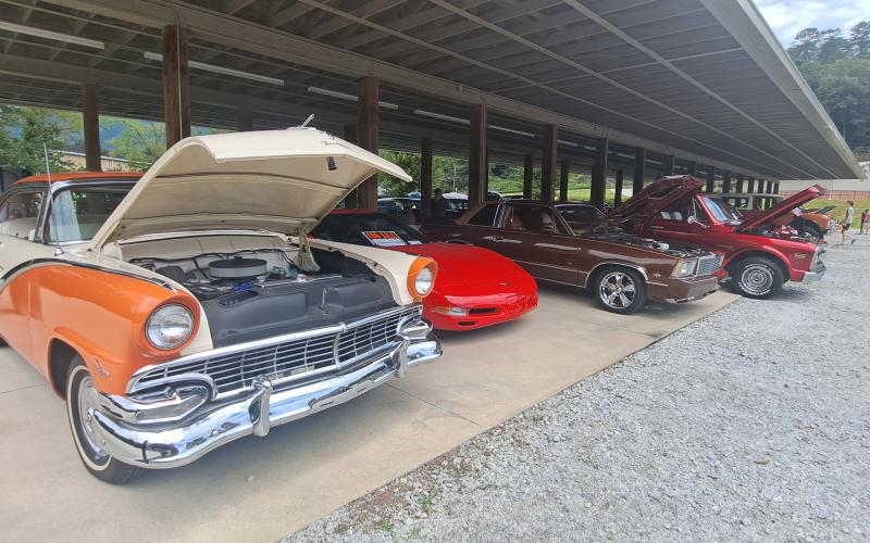 Megan Horn/The Clayton Tribune. Pictured in the forefront are a 1956 Ford with a 351 engine; a red 2002 Chevy Corvette with a 5.7 engine and 21,200 miles owned by Travis Barber; a 1978 Chevy Malibu Classic Landau with a 350 engine owned by Eddie and Ginger Hiott; as well as a 1969 Chevy C10 owned by Daniel Jenkins.