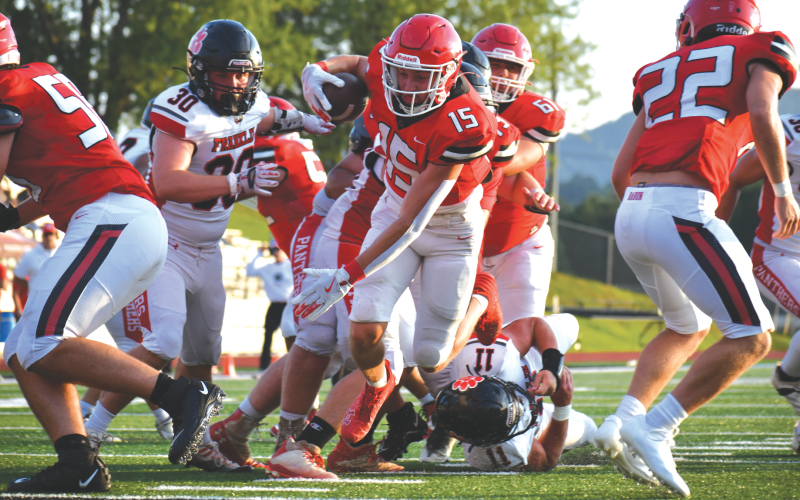 Wade Cheek/The Clayton Tribune. Rabun County junior running back Reid Giles takes it into the end zone at home on Aug. 9 during the jamboree against visiting Franklin (N.C.) High School. The Wildcats would claim the victory in preparation for the regular-season opener at White County on Aug. 16.