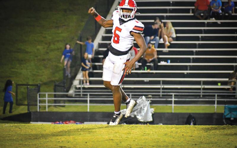 Wade Cheek/The Clayton Tribune. RCHS junior linebacker Jakaden Shiflet elevates after a tackle for a loss against Banks County on Friday, Sept. 20. The junior totaled 12 tackles in the 31-9 win over the Leopards.