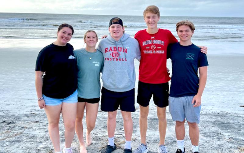 Photo courtesy of Rick Story. Members of Forward Rabun’s Youth Leadership 2023-2024 class who recently visited the Georgia coast include Emma Rose Hunter (from left), Chloe Erlewine, Ethan “Elvis” Hunt, G.B. Anderson and Georgia Purcell.
