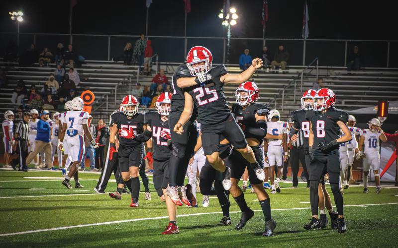 Wade Cheek/The Clayton Tribune. Senior Tucker Buchanan celebrates a fumble recovery during Rabun County’s 48-14 win over Oglethorpe on Friday, Oct. 11. RCHS is now 6-2 and 3-1 in region play and will be away at Athens Academy on Oct. 25.