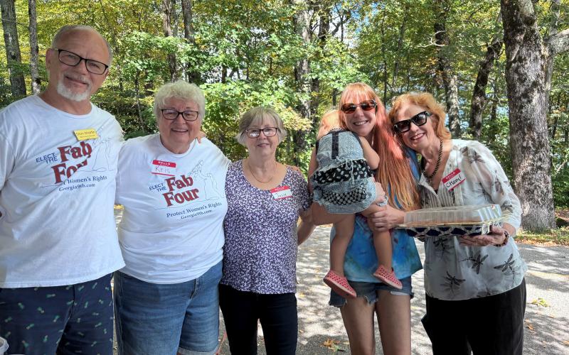 Submitted photo.  Chair Don Martin (left); Vice Chair Kris Martin of Clayton; Josie Green Moseley of Rabun County; new members Tara and her young daughter Shirley Black of Mountain City; and Cheryl Crouse of Rabun County enjoyed the Democrats Family Picnic that was sponsored by the Rabun County Democrats.