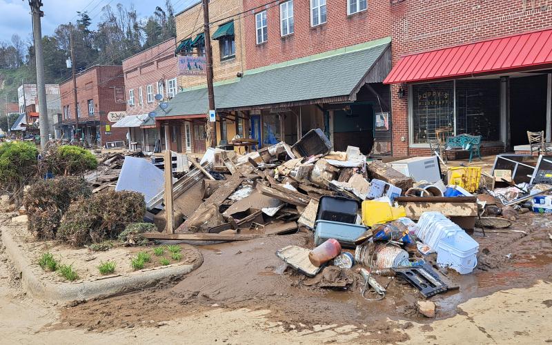 Megan Horn/The Clayton Tribune. A view of downtown businesses in Spruce Pine on Friday, Oct. 4, in the aftermath of Hurricane Helene.