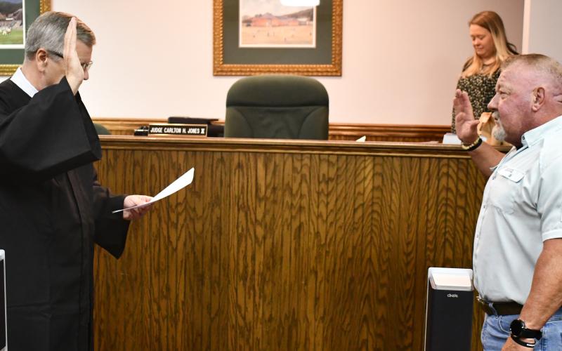 Megan Horn/The Clayton Tribune. Gerrells is sworn-in as Sheriff of Rabun County by Judge Carlton H. Jones III on Thursday morning to fulfill the unexpired 2021-2024 term.