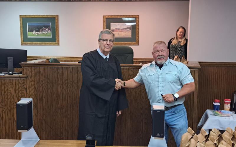 Megan Horn/The Clayton Tribune. Gerrells is sworn-in as Sheriff of Rabun County by Judge Carlton H. Jones III on Thursday morning to fulfill the unexpired 2021-2024 term.