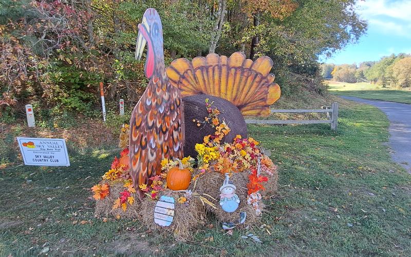Megan Horn/The Clayton Tribune. Sky Valley Country Club featured this festival turkey in the Sky Valley Hay Bale Trail. Below: Veterans of Foreign Wars (VFW) Post 4570 cooked hotdogs for the community at the Sky Valley Fall Fest.