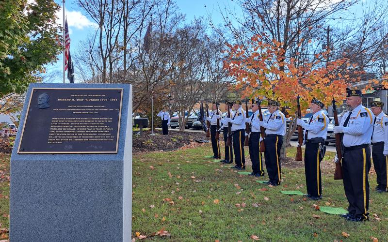Megan Horn/The Clayton Tribune. The Honor Guard gave the Three Volleys and Danny Stephens performed TAPS during the Veterans Day ceremony at the memorial in front of the Rabun   County Courthouse Nov. 11.