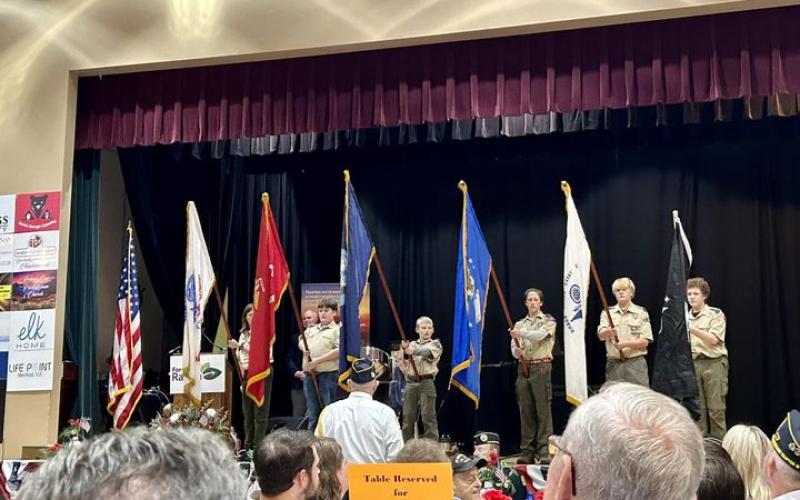 Photo courtesy of Forward Rabun/Rabun County Chamber of Commerce. Boy Scout Troops 6 and 19, led by David Cross, present the Branch Flags for each branch of the military along with their anthems to honor the Army, Marine Corps, Navy, Air Force, Coast Guard and Space Force at the 25th annual Veterans Appreciation Dinner Nov. 7.