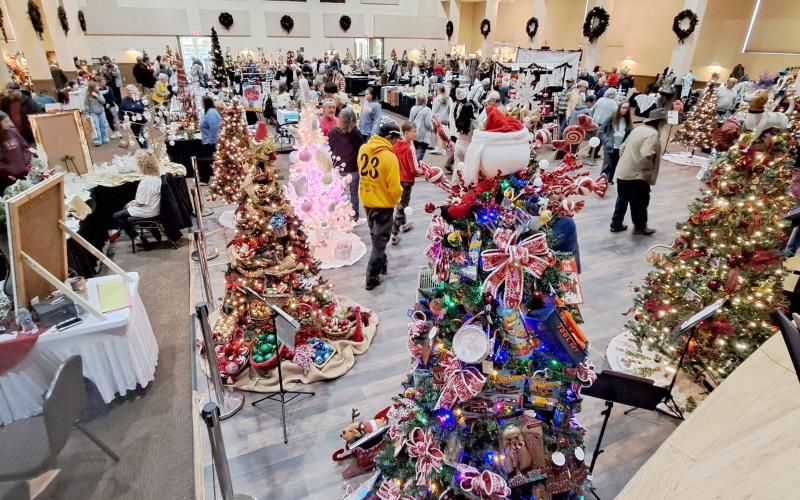 Megan Horn/The Clayton Tribune. Crowds of people attended the two-day 2024 Festival of Trees and Holiday Market event at the Rabun County Civic Center Friday, Nov. 29, and Saturday, Nov. 30. Below: This Pokémon tree decorated by Guthrie Associates, Inc. was one of over 35 that community members could bid on at the Festival of Trees last weekend. This year’s beneficiary was the Creative Learning Center.